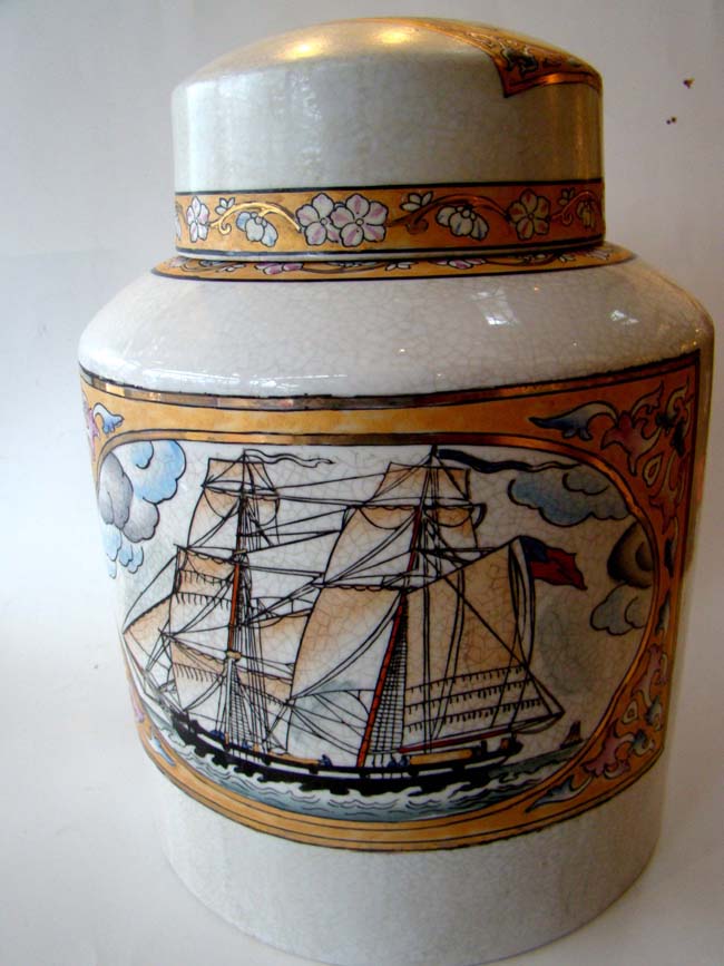 A Chinese Export 'style' porcelain tea jar with American ship motif